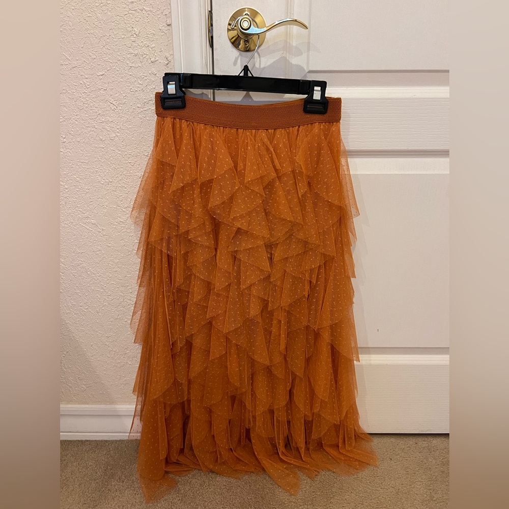 NWT Anthropologie The Chéri Ruffled Tulle Midi Skirt XS Petite Orange XSP